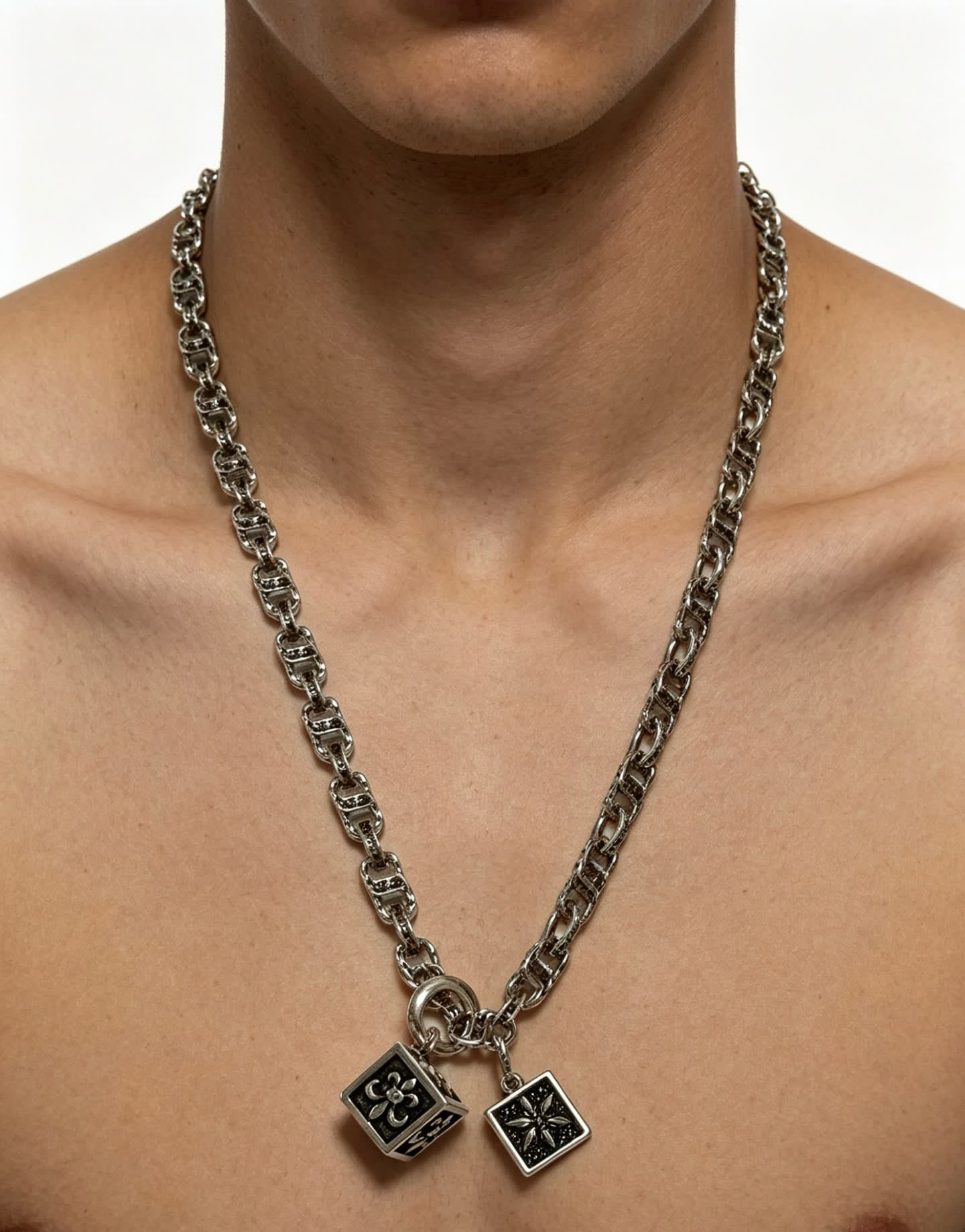 Chrome Hearts Silver Chain with Dice and Square Charms